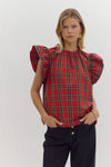 Entro Red Plaid Ruffle Sleeve Top