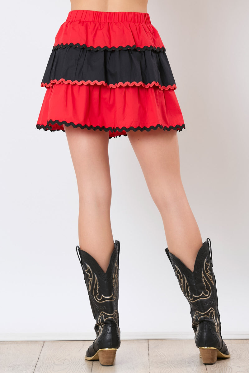 Peach Love California Red and Black Poplin Colorblock Skirt