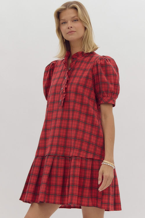 Entro Red Plaid Ruffle Trim Dress