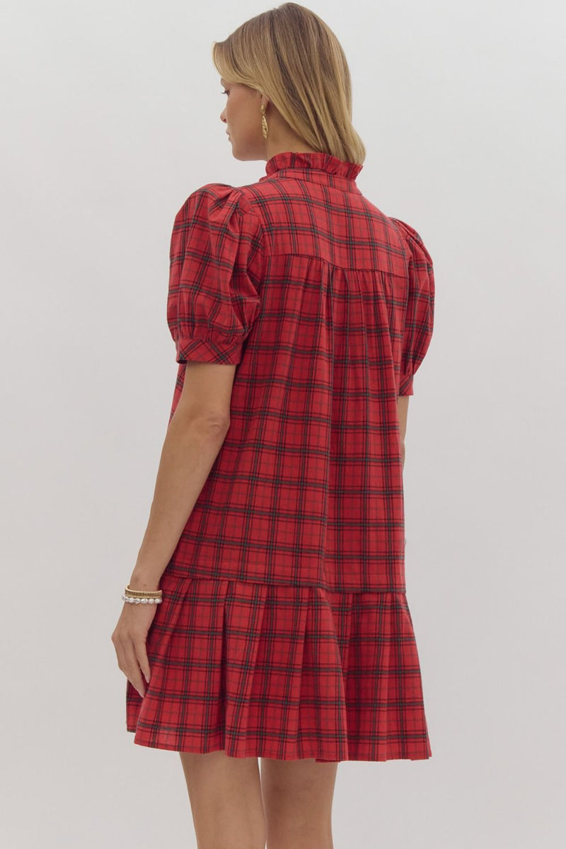 Entro Red Plaid Ruffle Trim Dress