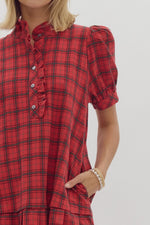 Entro Red Plaid Ruffle Trim Dress