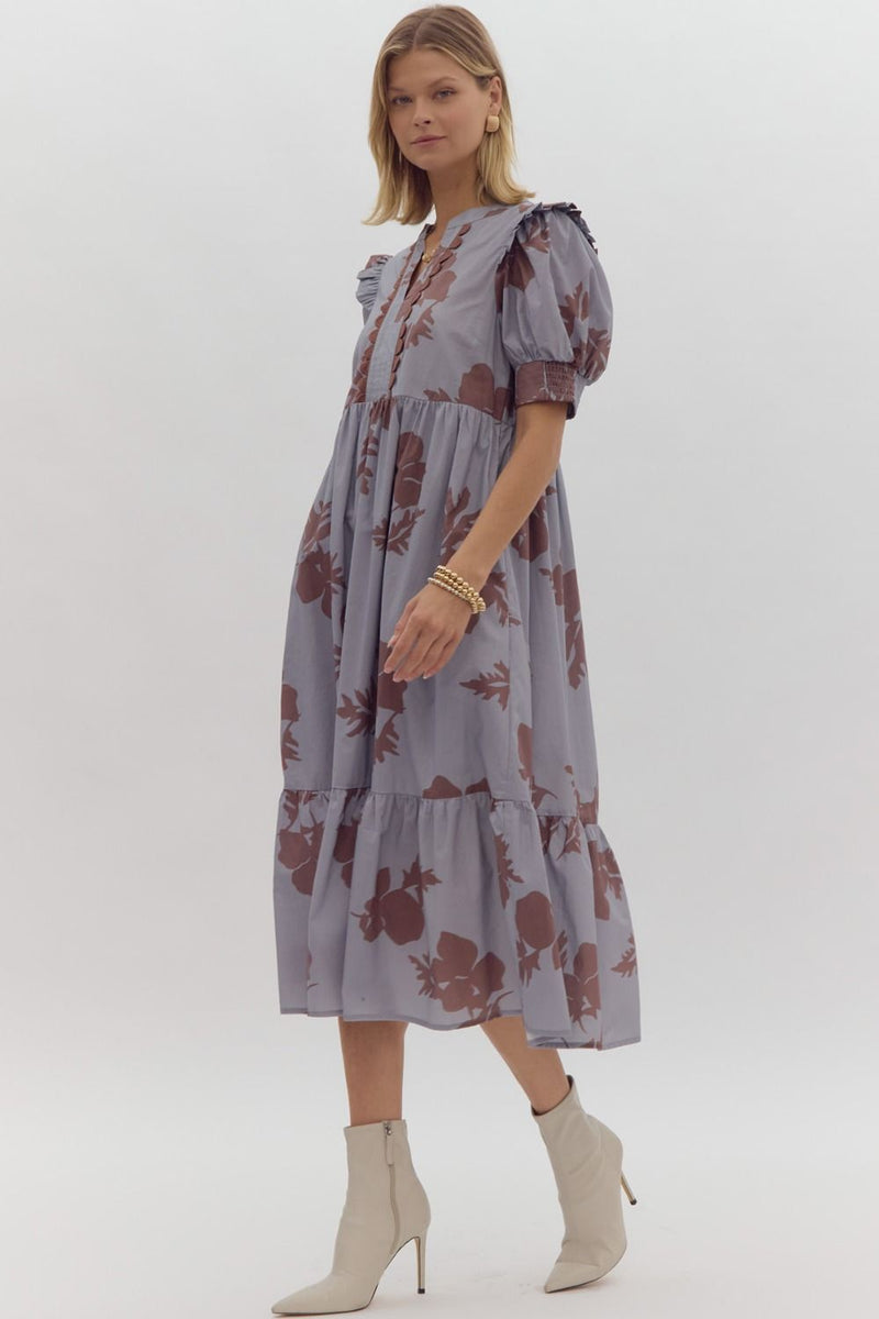 Entro Slate Blue Floral Dress with Scalloped Trim