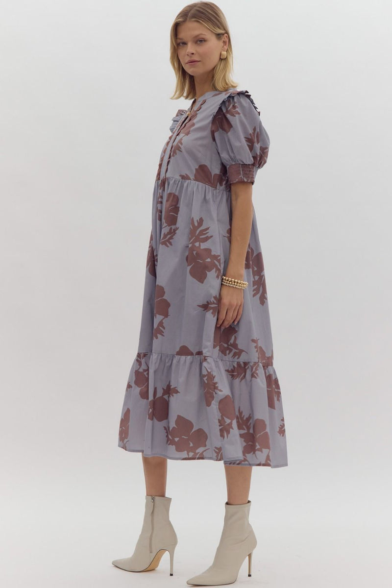 Entro Slate Blue Floral Dress with Scalloped Trim