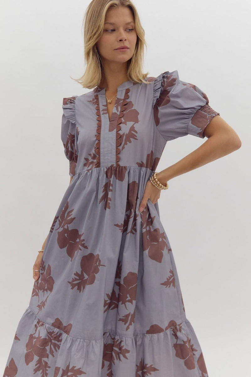 Entro Slate Blue Floral Dress with Scalloped Trim