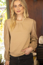 Voy Taupe Faux Leather Long Sleeve Textured Sweat Top