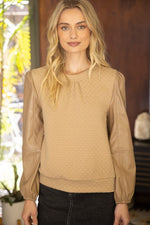 Voy Taupe Faux Leather Long Sleeve Textured Sweat Top