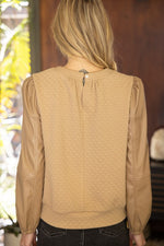 Voy Taupe Faux Leather Long Sleeve Textured Sweat Top