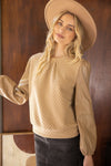 Voy Taupe Faux Leather Long Sleeve Textured Sweat Top