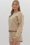 Entro Taupe Round Neck Top with Black Stitching Detail