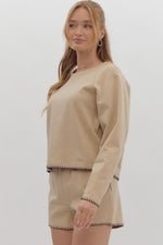 Entro Taupe Round Neck Top with Black Stitching Detail