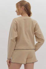 Entro Taupe Round Neck Top with Black Stitching Detail