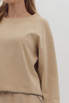 Entro Taupe Round Neck Top with Black Stitching Detail