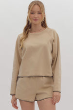 Entro Taupe Round Neck Top with Black Stitching Detail