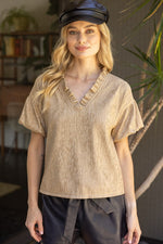 Voy Taupe Ruffle Collar Bubble Sleeve Textured Top