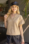 Voy Taupe Ruffle Collar Bubble Sleeve Textured Top