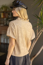 Voy Taupe Ruffle Collar Bubble Sleeve Textured Top