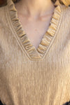 Voy Taupe Ruffle Collar Bubble Sleeve Textured Top