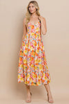 TCEC Multi Color Floral Sweetheart Midi Dress with Open Back
