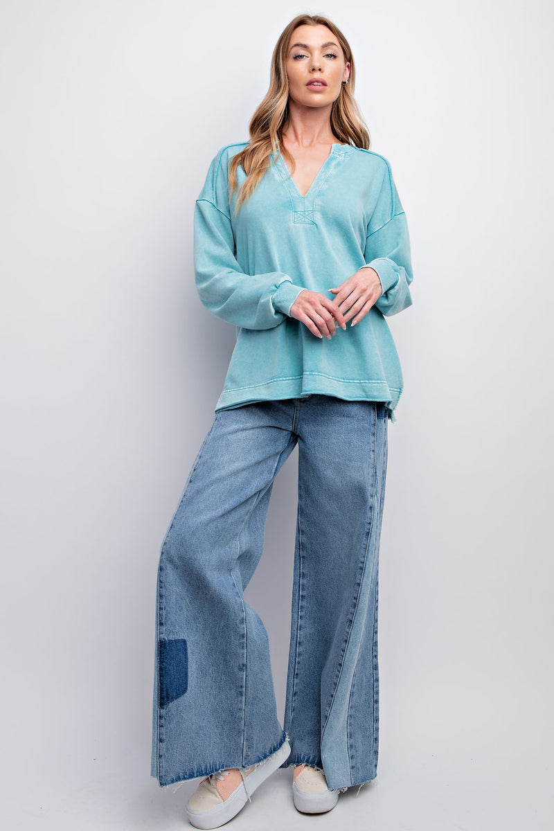 Easel Turquoise Mineral Washed Terry Knit Pullover