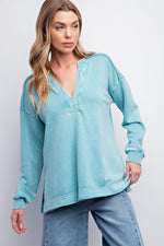 Easel Turquoise Mineral Washed Terry Knit Pullover