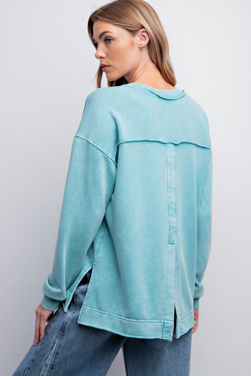 Easel Turquoise Mineral Washed Terry Knit Pullover