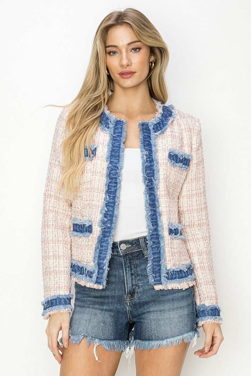 Risen Soft Pink Tweed Blazer Jacket