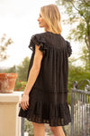 Voy Black Smocked Ruffle Vneck Textured Dress