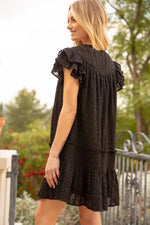 Voy Black Smocked Ruffle Vneck Textured Dress