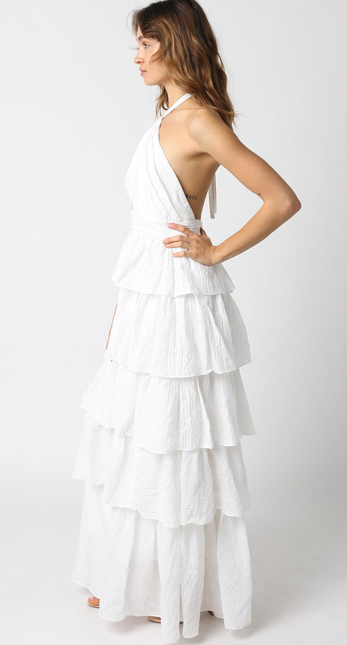 Olivaceous White Halterneck Layered Ruffle Maxi Dress