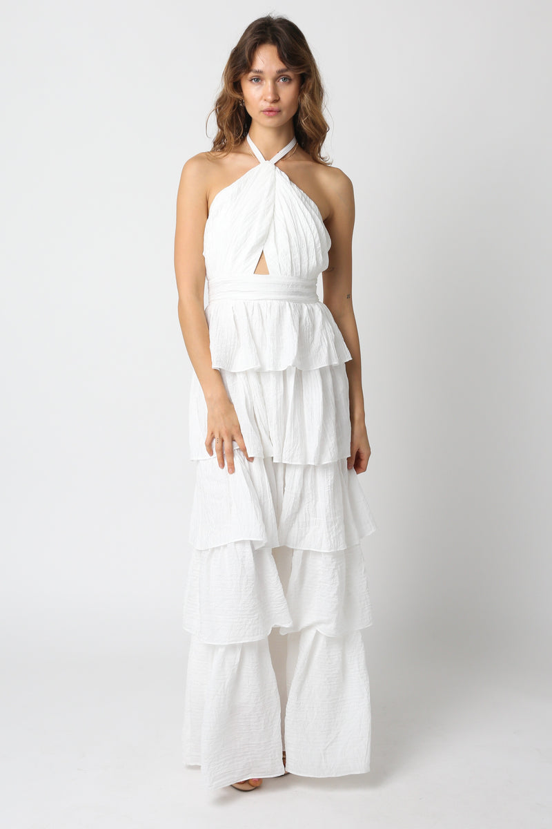 Olivaceous White Halterneck Layered Ruffle Maxi Dress