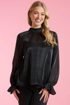 Black Shirred Blouse with Baby Bell Sleeve