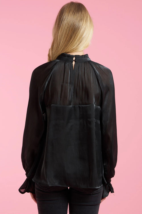 Black Shirred Blouse with Baby Bell Sleeve