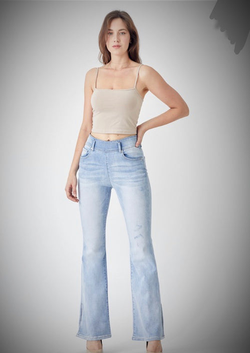 Light High Rise Pull on Flare Jeans with Side Slit