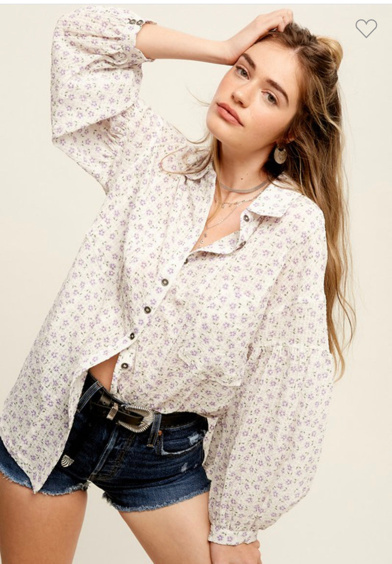 Yellow and Purple Floral Oversized Button Down Top
