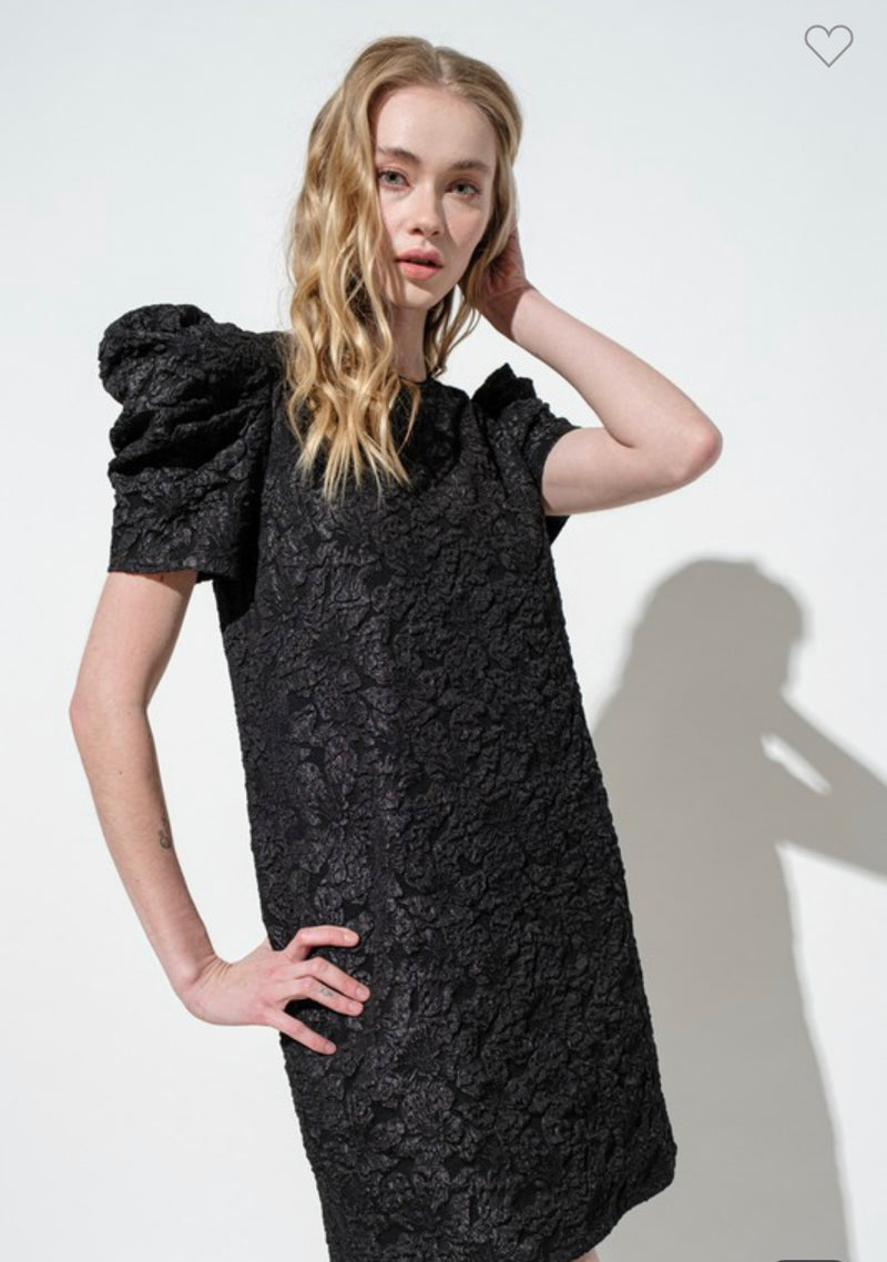 Black Textured Dress with Puff Sleeves