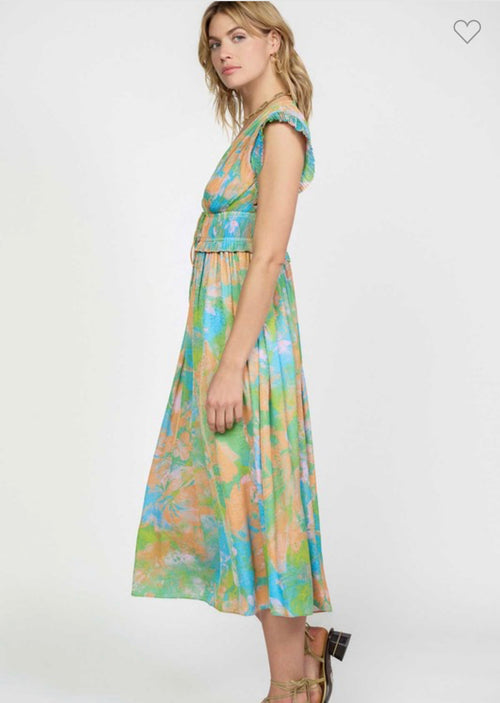 Green and Orange Print Vneck Long Dress