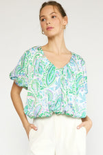 Entro Green Paisley Print Vneck Top