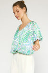 Entro Green Paisley Print Vneck Top