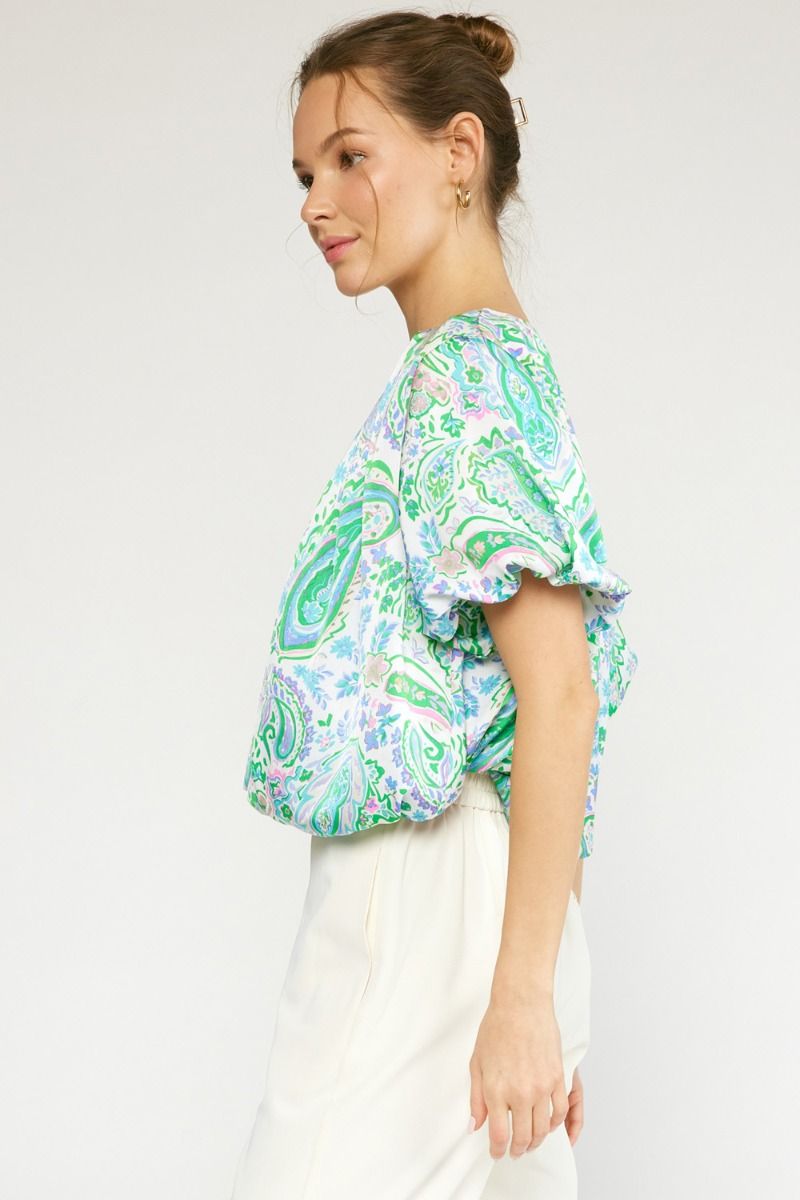 Entro Green Paisley Print Vneck Top