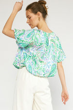 Entro Green Paisley Print Vneck Top