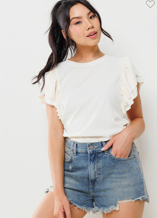 Ivory Double Ruffle Short Sleeve Knit Top