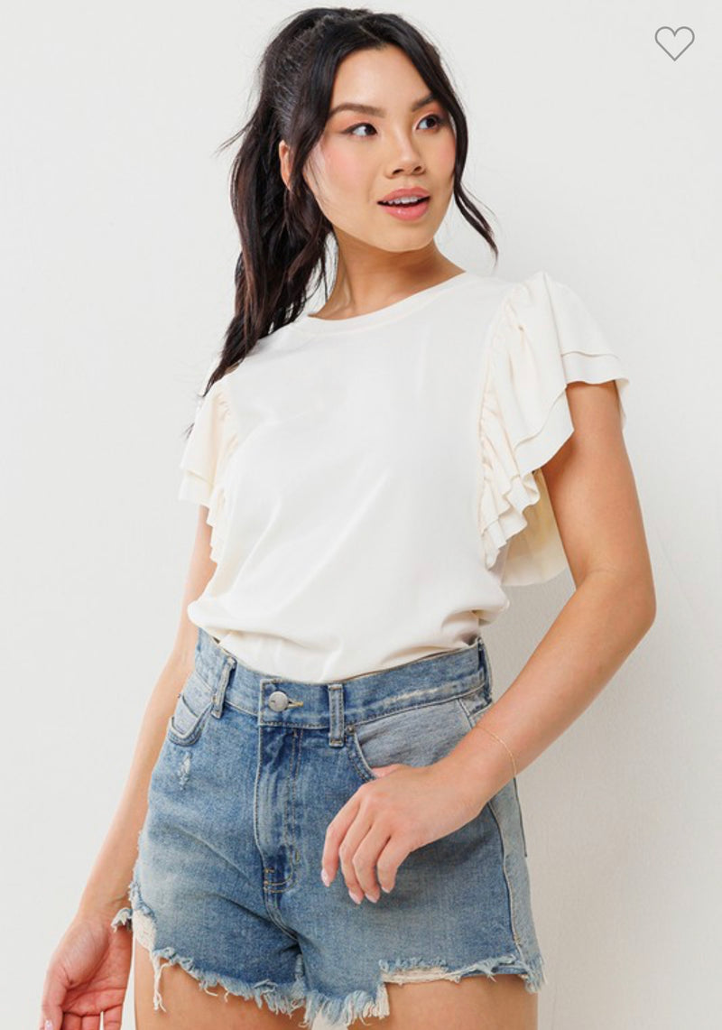 Ivory Double Ruffle Short Sleeve Knit Top