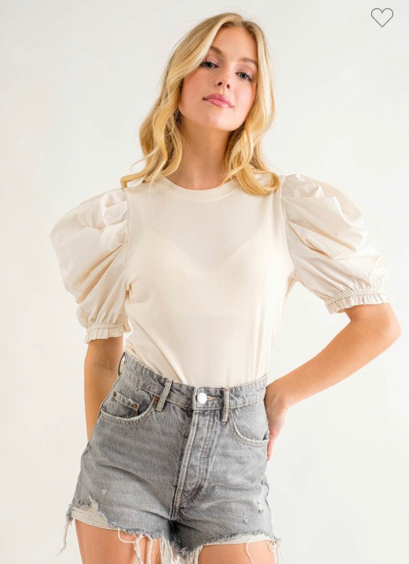 Ivory Multi Fabric Puff Sleeve Top