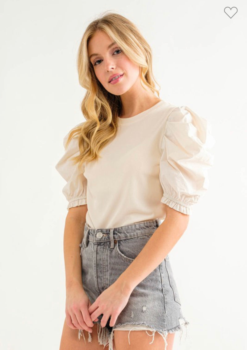 Ivory Multi Fabric Puff Sleeve Top