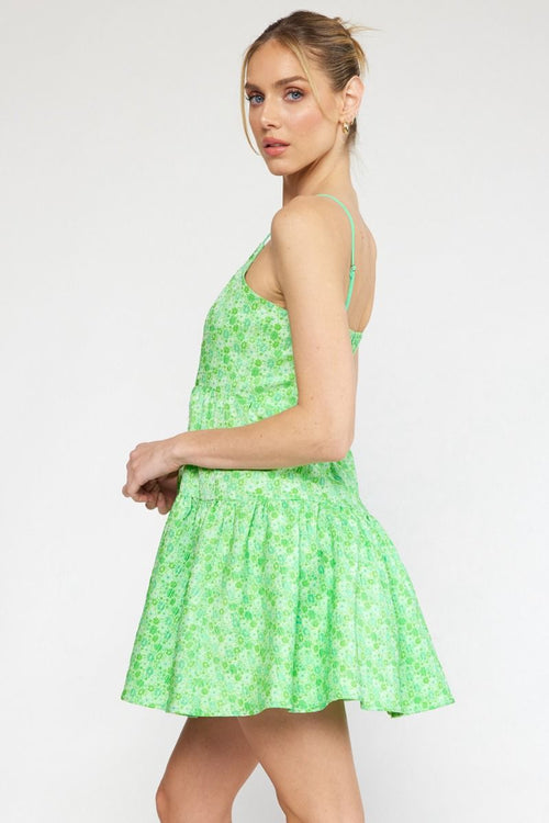 Green Floral Jacquard Mini Dress