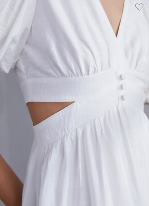 White Vneck Cutout Waist Mini Dress