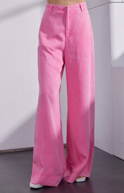Candy Pink Elastic High Waist Wide Leg Pants