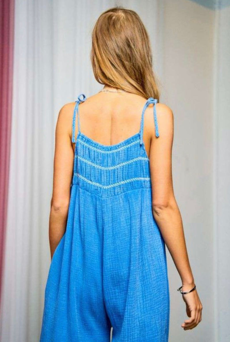 Deep Blue Garment Washed Smocked Jumpsuit