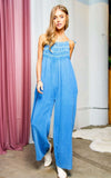 Deep Blue Garment Washed Smocked Jumpsuit