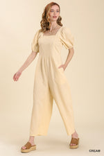 Cream Puff Sleeve Linen Jumpsuit